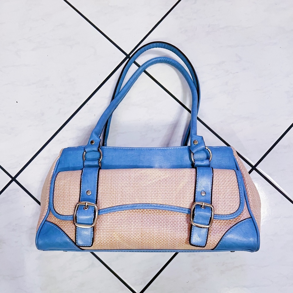 Blue Tan Long Handle Purse